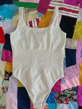 Ribbed Scoop Neck Women's Bodysuit in Cream